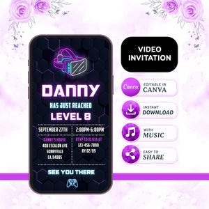 Video Game Birthday Invitation, Editable Canva Template, Gaming Party Invite