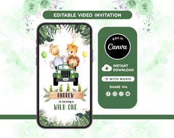 Safari Birthday Video Invitation, Wild One Jungle Animals Invite, Editable Canva Template