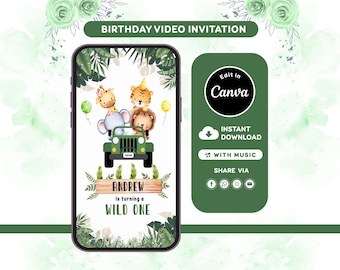 Safari Birthday Invitation Video, Wild One Jungle Animals Invite, Editable Canva Template