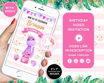 Pink Dinosaur Birthday Invitation Pink & Gold Dinosaur Birthday Invite Girl Dinosaur Dinosaur Party Dino Invitation Video Invitation