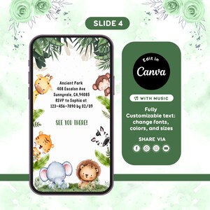 May include: A smartphone screen displays a jungle-themed invitation with cartoon animals. The invitation includes the text "Ancient Park," address, RSVP details, and "See You There!" A green Canva button offers customization options.