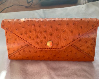 Hand made ladies real leather wallet, ostrich embossed full grain leather, 2 long pockets, 6 card pockets, metal snap fasteners