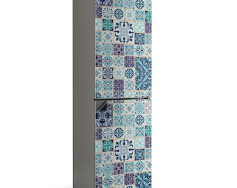 May include: A gray refrigerator with a decorative tile pattern in shades of blue, teal, and white. The tile design covers the entire front of the refrigerator, creating a unique and stylish look. The pattern is a mix of floral and geometric shapes.
