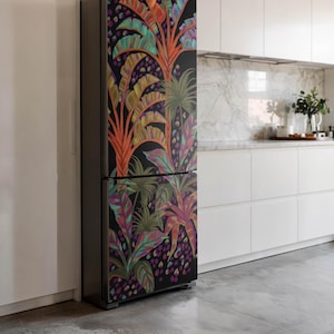 Tropical Plant Pattern Refrigerator Sticker, Orange Refrigerator Decal, Dining-Room Decoration, Removable Sticker