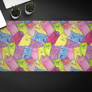Desk Vinyl Mat, Happy Cats Desk Pad, Desk Protective Mat, Office Ornament, Mat For Laptop, Custom Print, Desk Protector, Vivid Colors
