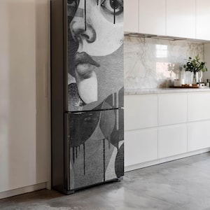 Abstract Face Portrait Refrigerator Wrap, Black And White Fridge Sticker, Kitchen Stickers, Dining-Room Decoration