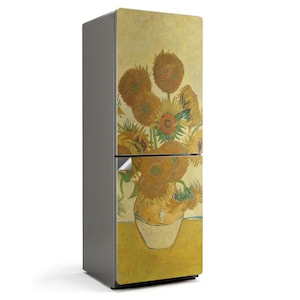 Van Gogh Sunflowers Refrigerator Decal, Yellow Fridge Wrap Sticker, Housewarming Gift, Kitchen Stickers
