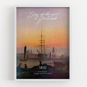 Caspar David Friedrich  Ships at the port of Greifswald Poster, Orange MDF Print, Purple Framed Print, Nature Home Decoration