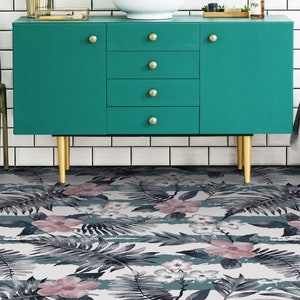 Tropical Watercolor Print Vinyl Flooring, White Flooring Linoleum, Green Waterproof Material, Hawai Flowers High Quality Print, Vinyl Carpet