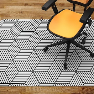 Chair Vinyl Mat, Black And White Geometric Cubes Chair Mat Carpet, Vinyl Floor Mat, Floor Protector Mat, Work Mat, Printed Floor Protector