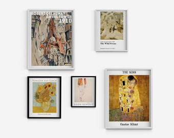 May include: A collage of four framed art prints featuring famous paintings. The top left print is a colorful abstract painting of the Eiffel Tower with the text "Robert Delaunay Eiffel Tower 1910". The top right print is a black and white painting of swans with the text "Arthur Joseph Gaskin 1918 The Wild Swans". The bottom left print is a painting of sunflowers in a vase with the text "Vincent van Gogh Sunflowers". The bottom right print is a painting of two people embracing with the text "The Kiss Gustav Klimt".