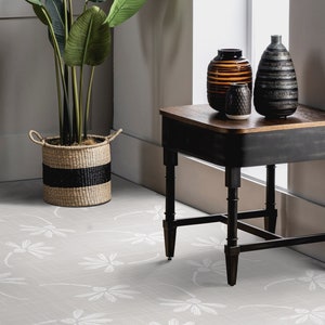 Thick Vinyl Rug, Linen Boho Flowers Vinyl Flooring, Gray Modern Flooring, White , Plant Aesthetic Room Decor, Kitchen Makeover, Vinyl Carpet