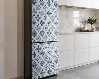 Pattern With Floral Motifs Refrigerator Decal, Blue Fridge Wrap Sticker, Housewarming Gift, Kitchen Stickers