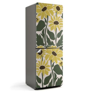 Floral Pattern With Leaves Refrigerator Wrap, Yellow Fridge Sticker, Kitchen Stickers, Dining-Room Decoration