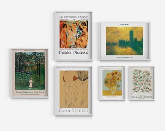 May include: A collage of nine framed art prints featuring famous paintings. The prints include works by Pablo Picasso, Claude Monet, Vincent van Gogh, and William Morris. The prints are all in white frames and are arranged in a grid pattern.