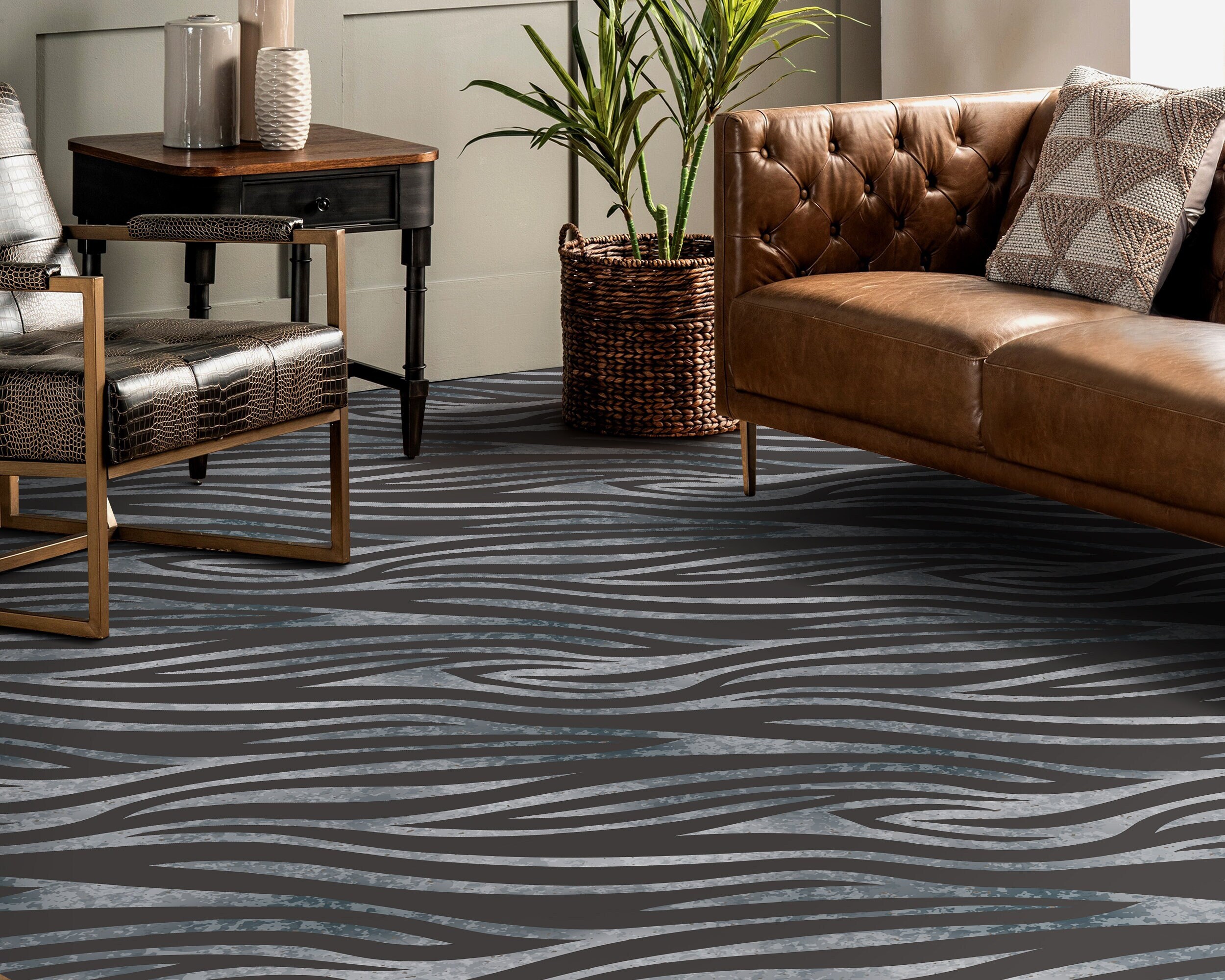 Thick Vinyl Rug, Dark Animal Zebra Pattern, Brown Floor