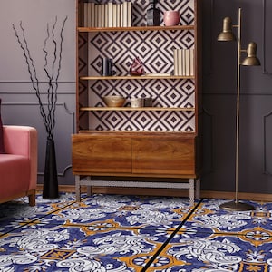 Ornamental Azulejos Tile Floor Protector, Blue Linoleum In Roll, Orange Abstract Decor, Glamorous Aesthetic Room Decor, Art Floor