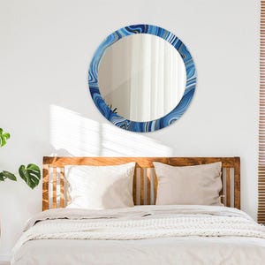 Miroir avec cadre, Décoration murale unique, Marbre bleu, Bleu, Miroir mural rond, Design miroir, Décoration de salon, Verre trempé