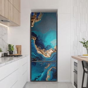 Abstract Waves And Spots Refrigerator Sticker, Turquoise Refrigerator Decal, Removable Sticker, Housewarming Gift