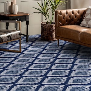 Thick Vinyl Rug, Drawing Rhombi Floor Floor Protector, Blue Linoleum In Roll, White Abstract Decor, Abstract Comfort Floor, , Pet Friendly