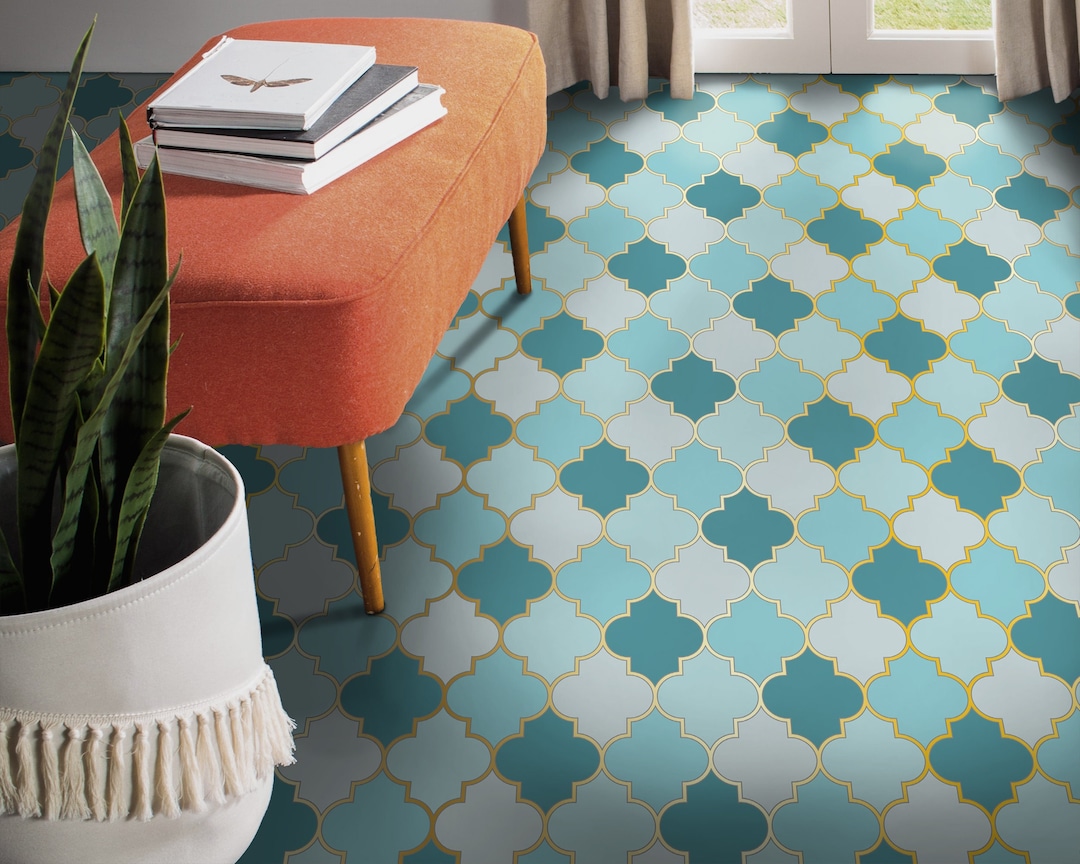 Artdeco Arabic Tiles Motif Floor Protector, Blue Linoleum in Roll, Gold ...