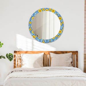 Miroir avec cadre, Décoration murale unique, Tournesols géométriques, Bleu, Miroir décoratif, Miroir rond, Miroir rond, Verre trempé