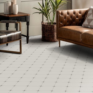 Thick Vinyl Rug, Cross Fugue Kitchen Tiles Floor Protector, Beige High Quality Print, Black Pet Friendly, Minimalist Retro Floor Art,