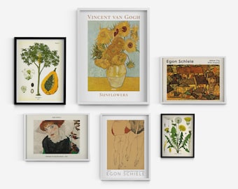 May include: A gallery wall featuring six framed prints. The top center print is a painting of sunflowers by Vincent van Gogh. The top right print is a painting of a city by Egon Schiele. The bottom left print is a portrait by Egon Schiele. The bottom right print is a botanical illustration of a dandelion. The two remaining prints are botanical illustrations of a papaya and a flower.