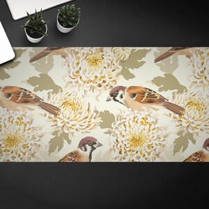 Desk Vinyl Mat, Gold Imitation Birds Flowers Desk Pad, Desk Protective Mat, Office Ornament, Mat For Laptop, Custom Print, Desk Protector