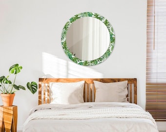Mirror With Frame,  Unique Wall Decoration, Jungle Leaves, Green,  Round Wall Mirror, Mirror Design, Living Room Decor, Tempered Glass