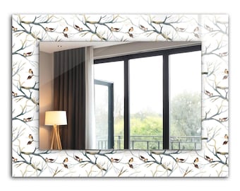 Birds On The Branches, Mirror with Gray Tempered Glass Framing, Rectangular Wall Mirror, Small Mirror for Bathroom, Handmade Mirror