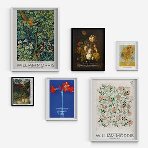 Flowery Compositions Of mother Nature Framed Print, Set of 6 Blue MDF Poster, Green Classic Poster, Botanical Wall Decoration