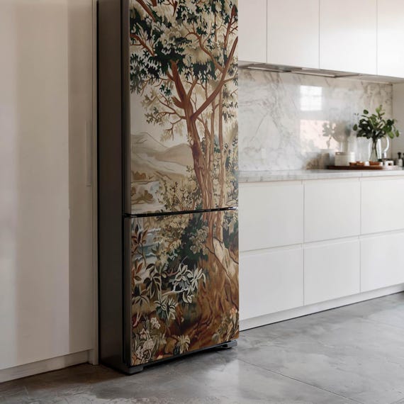 Natural Landscape With Trees Fridge Wrap Sticker, Brown Refrigerator Wrap, Removable Sticker, Housewarming Gift