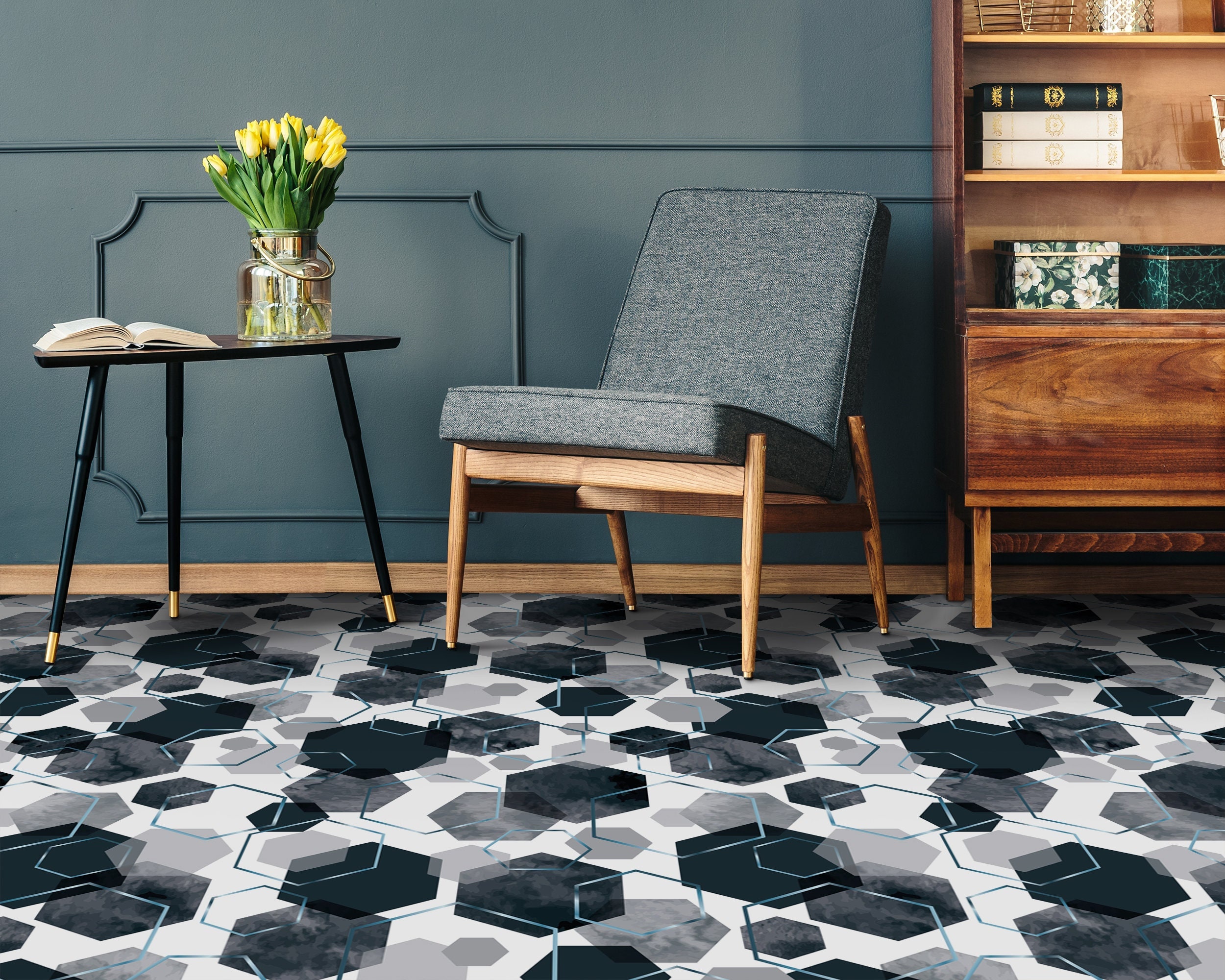 Hexagon Watercolor Trendy Print Floor Protector, White Linoleum, Gray