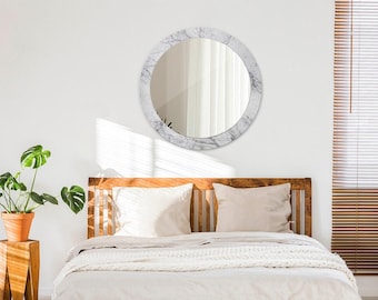Spiegel mit Rahmen, einzigartige Wanddekoration, weißer Marmor, grau, modernes Design, Badezimmerspiegel, großer runder Spiegel, gehärtetes Glas