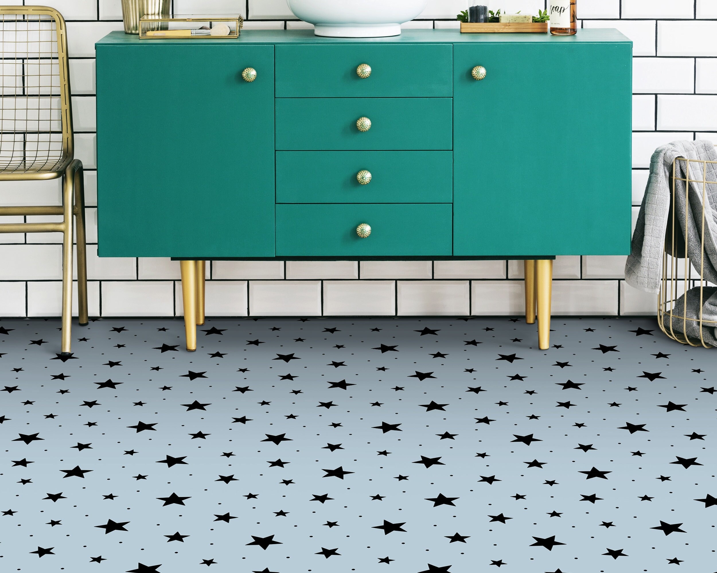 Thick Vinyl Rug, Stars Stamps Pattern Floor Protector, Blue Retro Floor ...