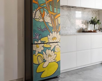 Cubierta para puerta de refrigerador con flores en el agua y plantas, pegatina amarilla para refrigerador, decoración de cocina, decoración para refrigerador