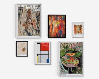 May include: A gallery wall with nine framed art prints. The prints feature a variety of styles, including abstract, cubist, and impressionist. The prints are all in black and white frames.
