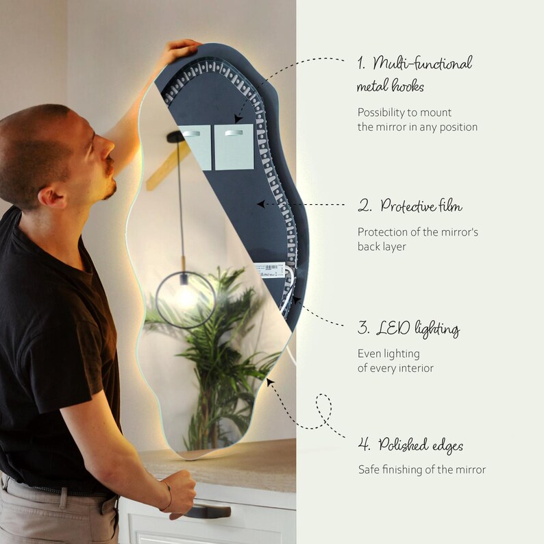 Large Half Circle Mirror LED, Handmade Mirror With LED Lights, Half