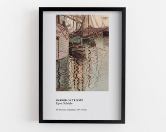 Egon Schiele  Harbor of Trieste Framed Print, Pink Wall Decoration, Blue MDF Poster, Nature Classic Poster, Housewarming Gift