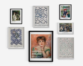 May include: A gallery wall with nine framed prints. The prints feature a variety of artwork, including paintings, illustrations, and patterns. The prints are arranged in a grid pattern on a white wall.