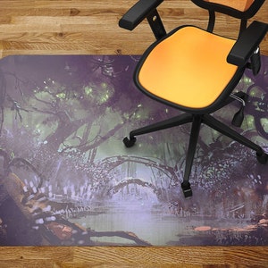 May include: A purple and green patterned floor mat with a whimsical forest scene. The mat features a river, trees, and glowing lights. An office chair with a yellow seat is sitting on top of the mat.