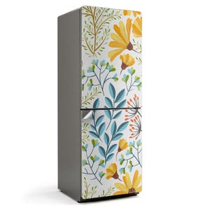 Floral Pattern With Leaves Fridge Sticker, Yellow Fridge Door Cover, Patterned Stickers, Kitchen Decor