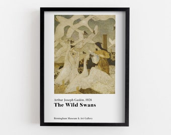 Arthur Joseph Gaskin  The Wild Swans Framed Print, Yellow Classic Poster, White Wall Decoration, Birds MDF Poster, Birthday Gift