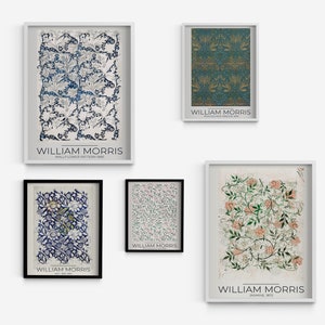 William Morris Decorative Leafy Composition Poster, Set of 5 Beige Framed Print, Blue Home Decoration, Abstract MDF Print, Housewarming Gift