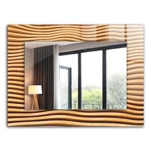 May include: A rectangular mirror with a wooden frame featuring a wavy, striped pattern. The mirror reflects a room with a window and curtains.