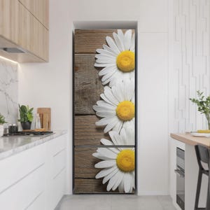 Flowers On A Wooden Background Fridge Door Cover, White Refrigerator Sticker, Kitchen Stickers, Dining-Room Decoration