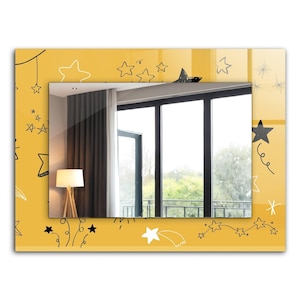 Drawings Of Different Stars, Mirror with Yellow Tempered Glass Framing, Hanging Mirror, Small Mirror for Entryway, Handmade Mirror