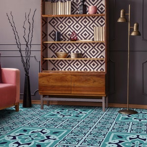 Patchwork Azulejos Tiles Sky Colors Floor Protector, Blue Vinyl, Green Flooring Linoleum, Portugal Linoleum In Roll