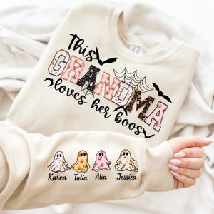 Felpa personalizzata per Halloween con scritta &quot;Questa nonna ama i suoi Boos&quot; e il nome del bambino sulla manica, fantastica felpa per Halloween della nonna, regalo per Halloween della nonna
